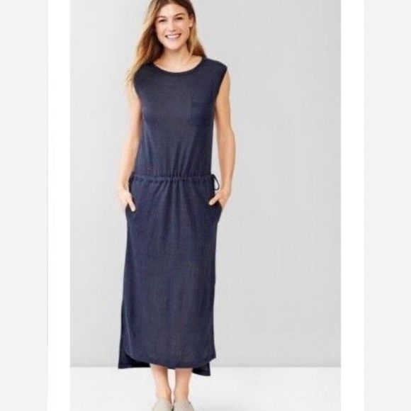 Linen! [GAP] Indigo Blue Sleeveless NWT Crewneck Maxi Dress + Pockets | Small - Picture 12 of 13